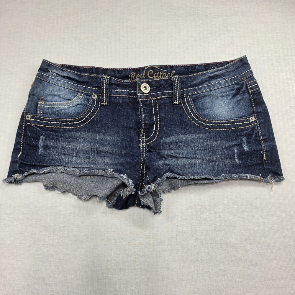 Red Camel Dark Wash Denim Raw Hem Low Rise Jean Short 31" Waist Y2K Cheeky Micro